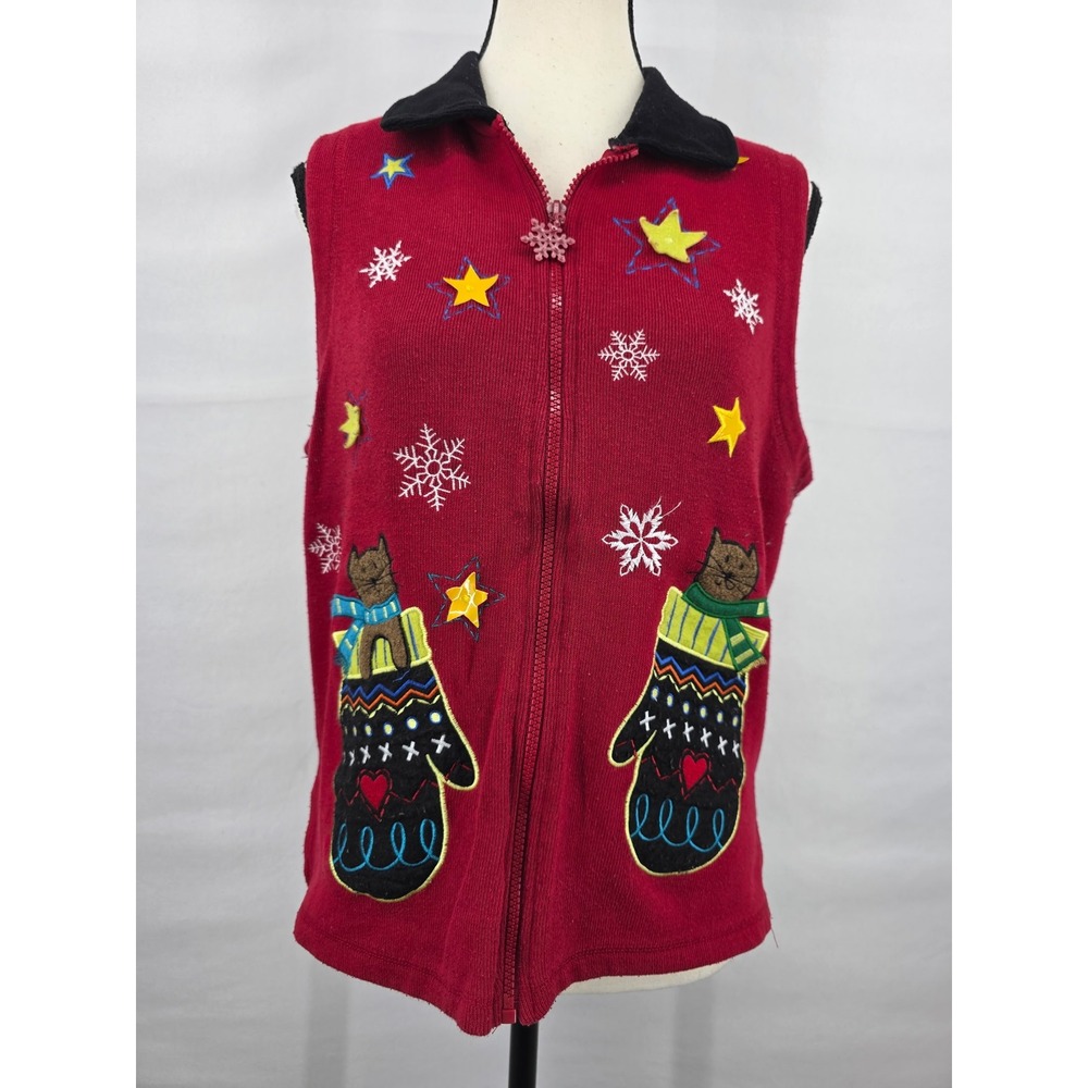 Onque Casuals Red Christmas Vest Large Kitten Mitten Snowflake Zip Up Sweater